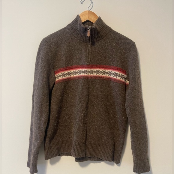 J. Crew | Lambswool Brown Fair Isle Quarter Zip Sweater Size Large - Picture 1 of 5